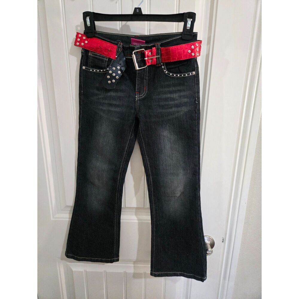 2 Be Real Girls Size 7/8 Black Bootcut Jeans Rhinestone Cross Studded Red Belt